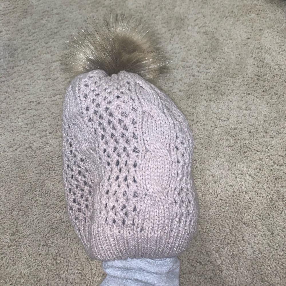 Beige neutral beanie with a fur puffy on top